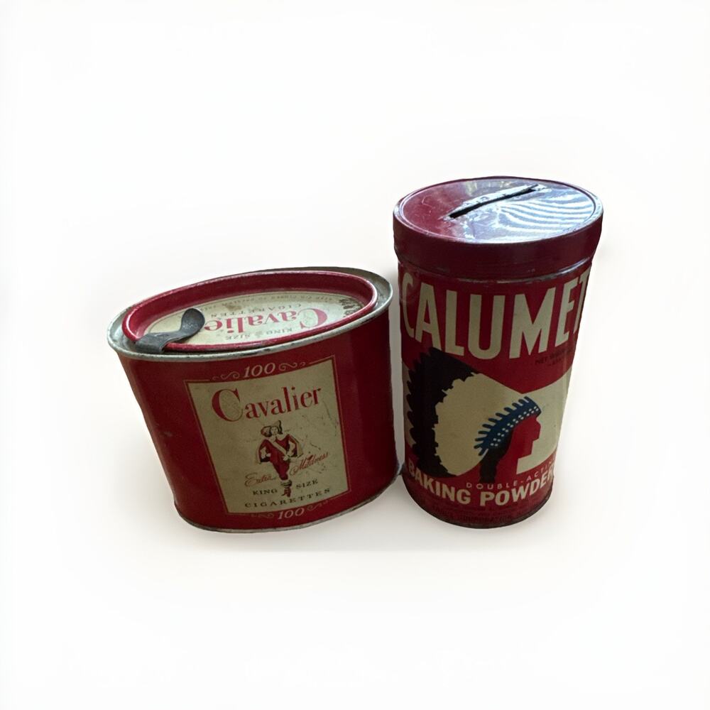 Vintage 1950’s CALUMET‎ Baking Powder Tin And Cavalier Cigarettes Tin 100 Count